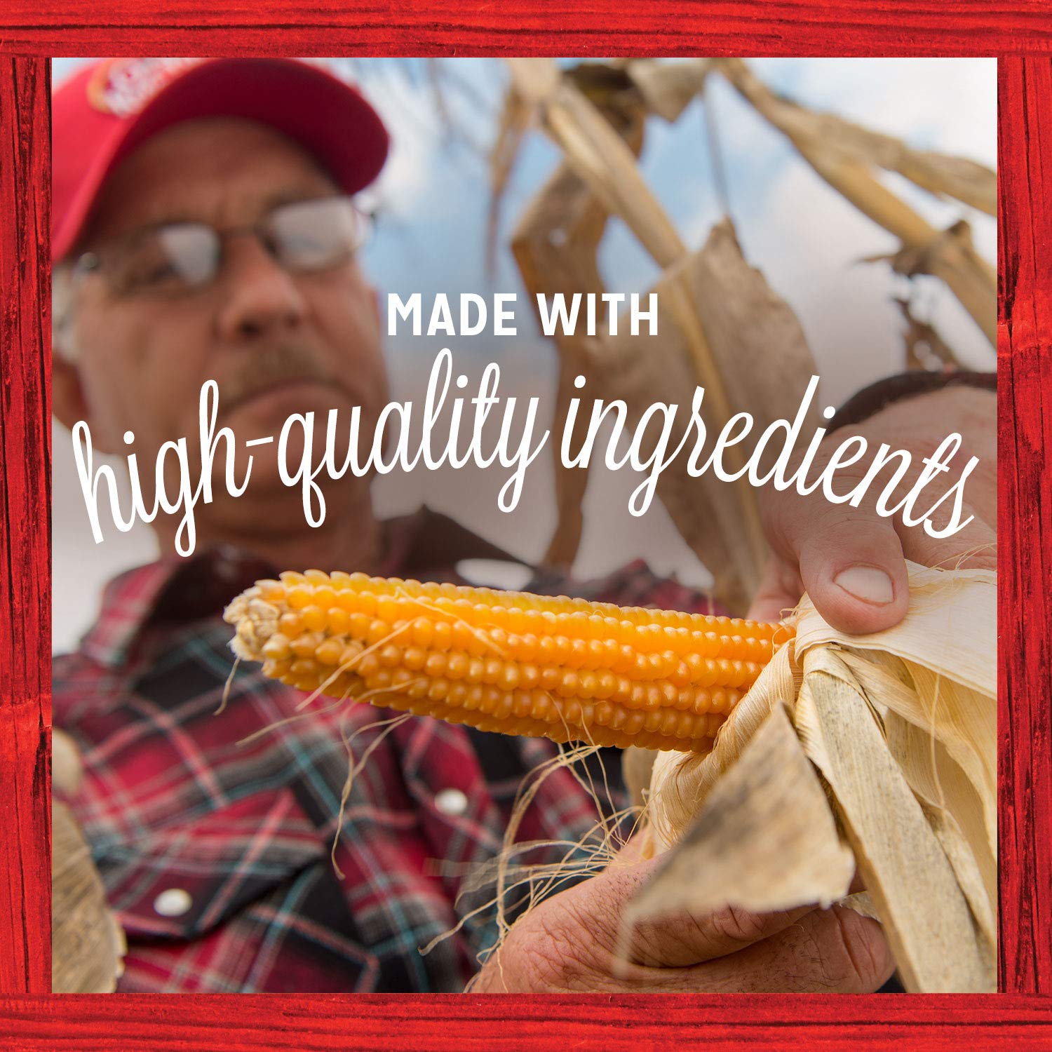 Orville Redenbacher's non-GMO kernels on a farm backdrop emphasizing quality sourcing