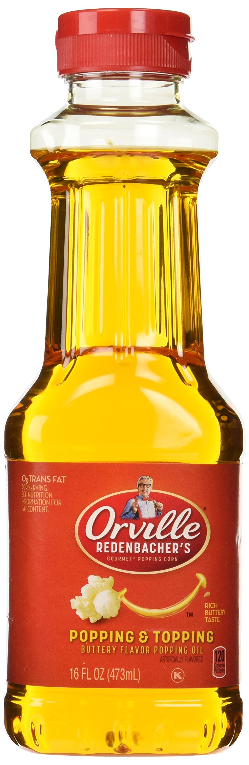 Orville Redenbacher's front label bottle showing brand and buttery flavor benefit
