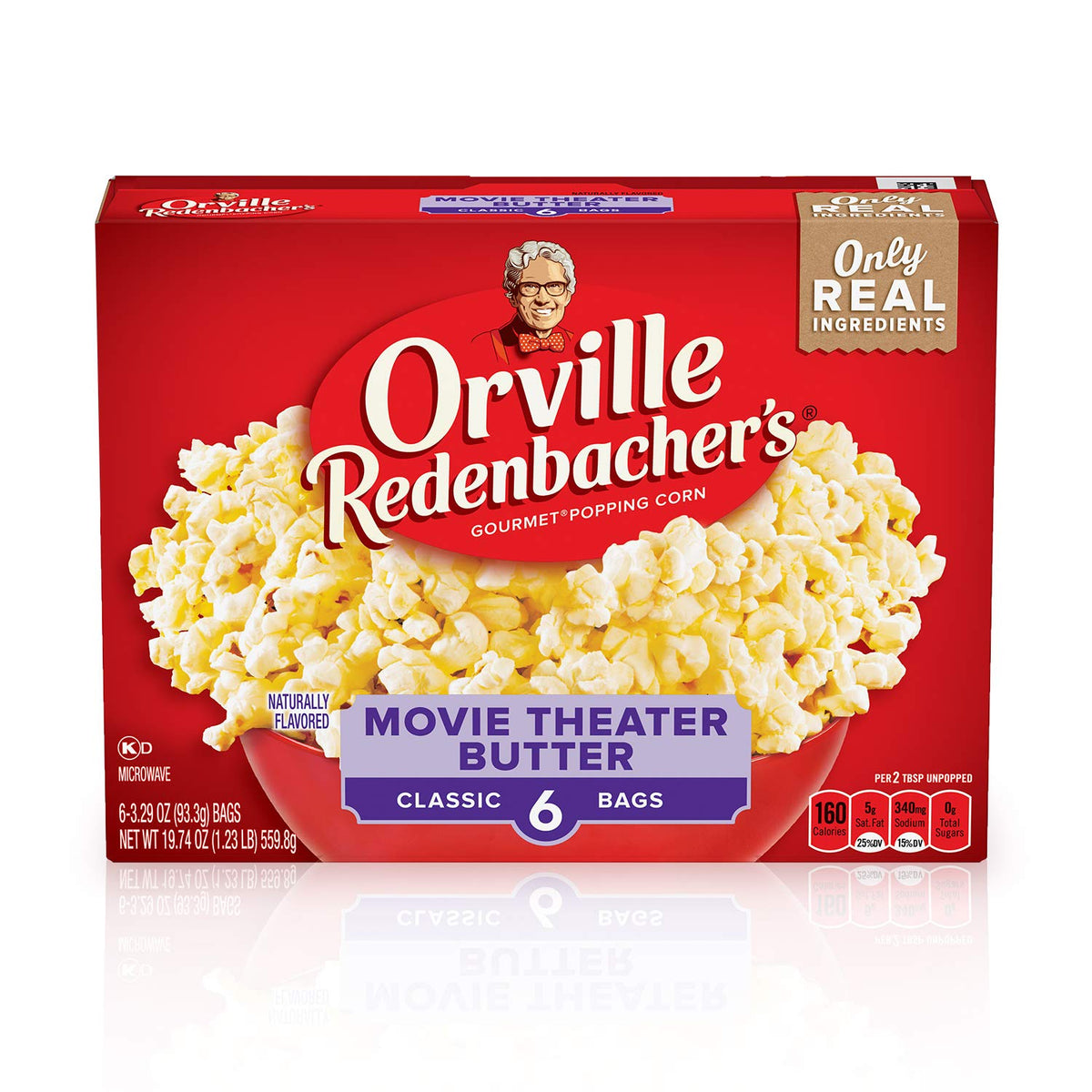 Orville Redenbacher's front packaging showing flavor and six-box pack, great pantry choice
