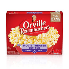 Orville Redenbacher's front packaging showing flavor and six-box pack, great pantry choice