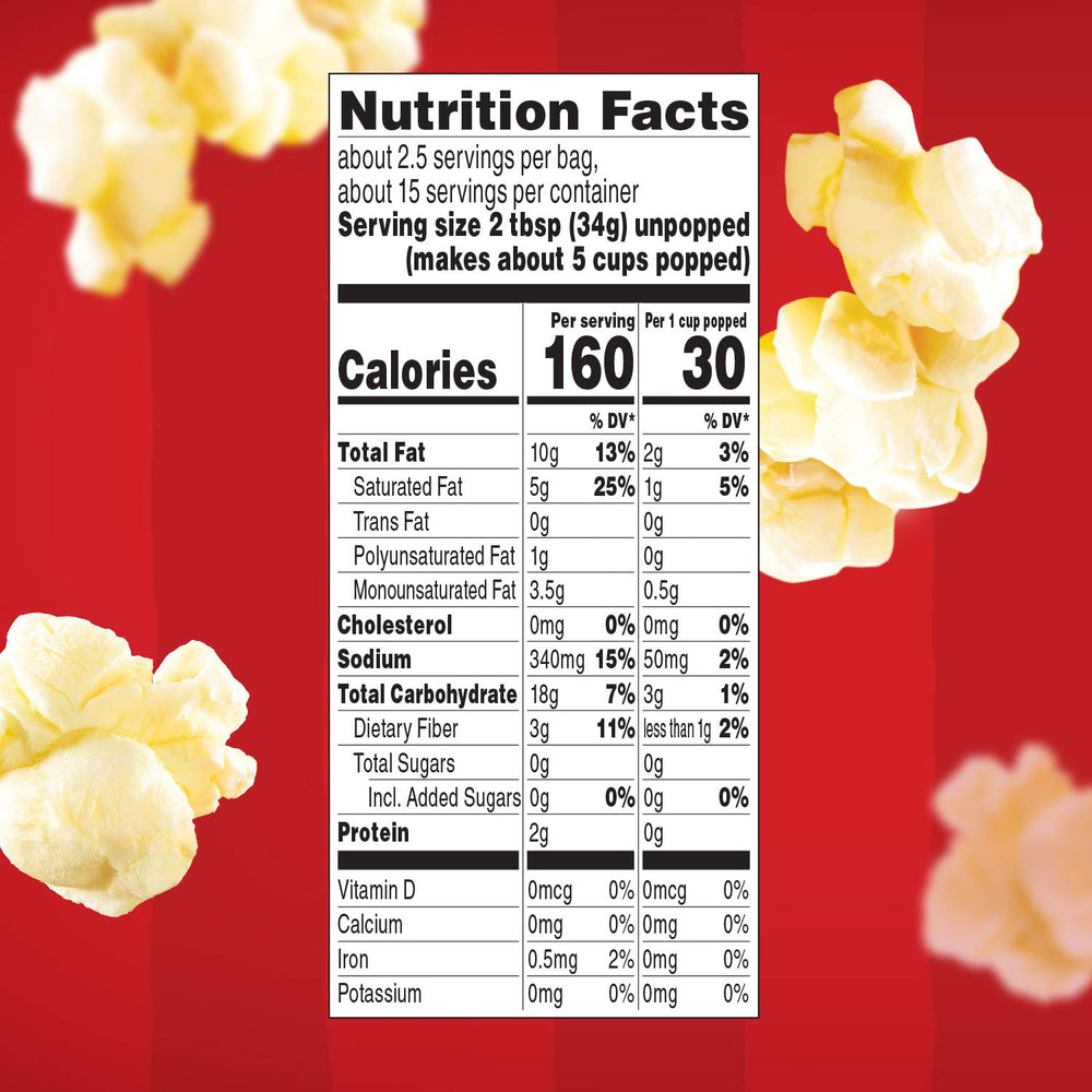 Orville Redenbacher's box held in hand to show scale, classic bag portion clarity