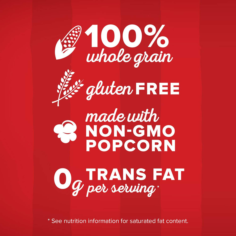 Orville Redenbacher's three 3.29 oz bags next to a hand showing single-serve scale