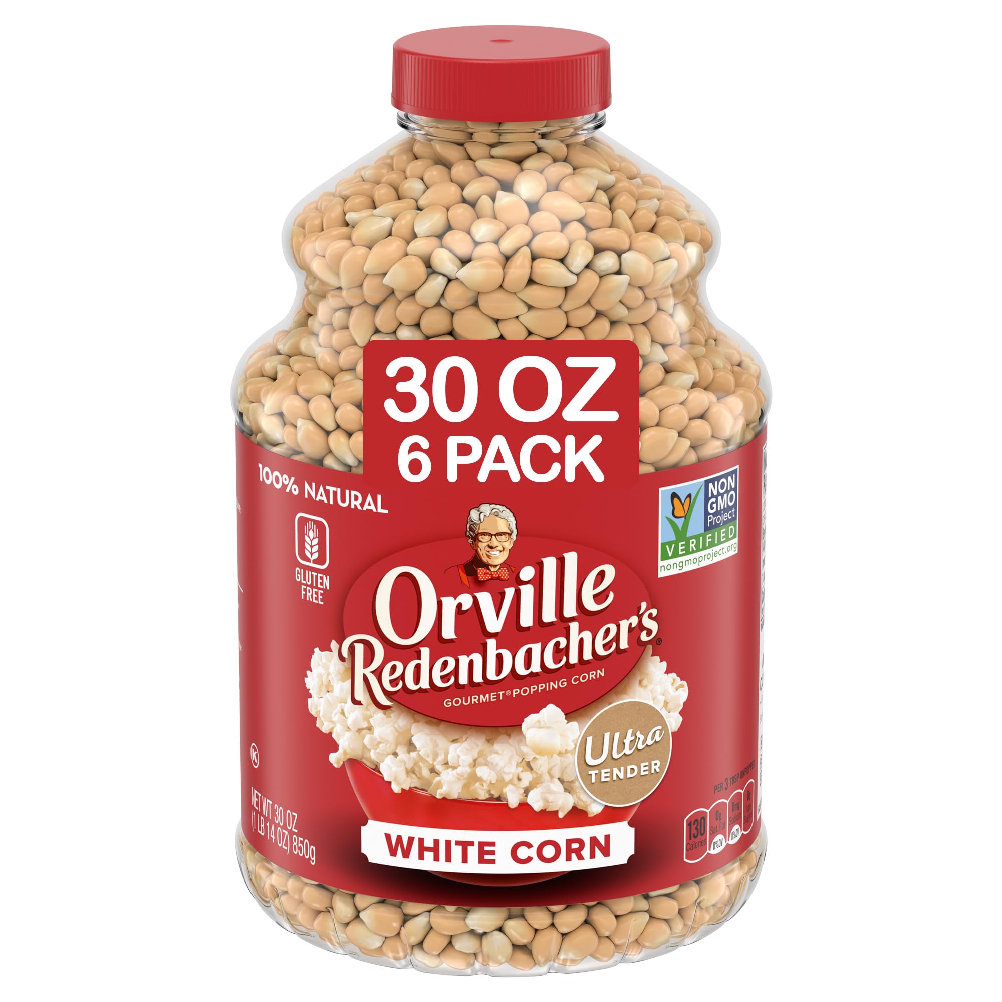 Orville Redenbacher's six-pack jars front view showing value and shelf-ready packaging
