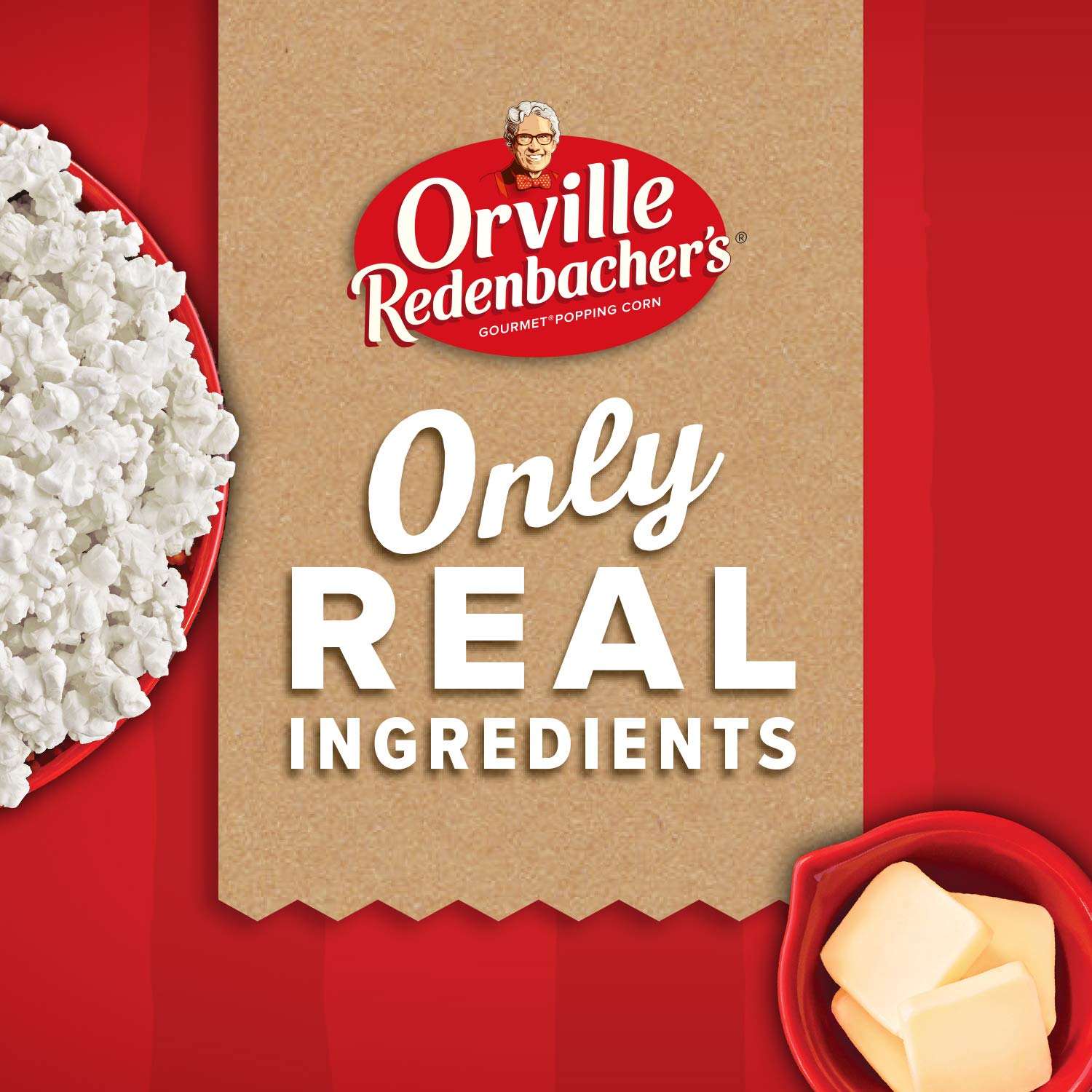 Orville Redenbacher's open popcorn bag with popped kernels highlighting convenience