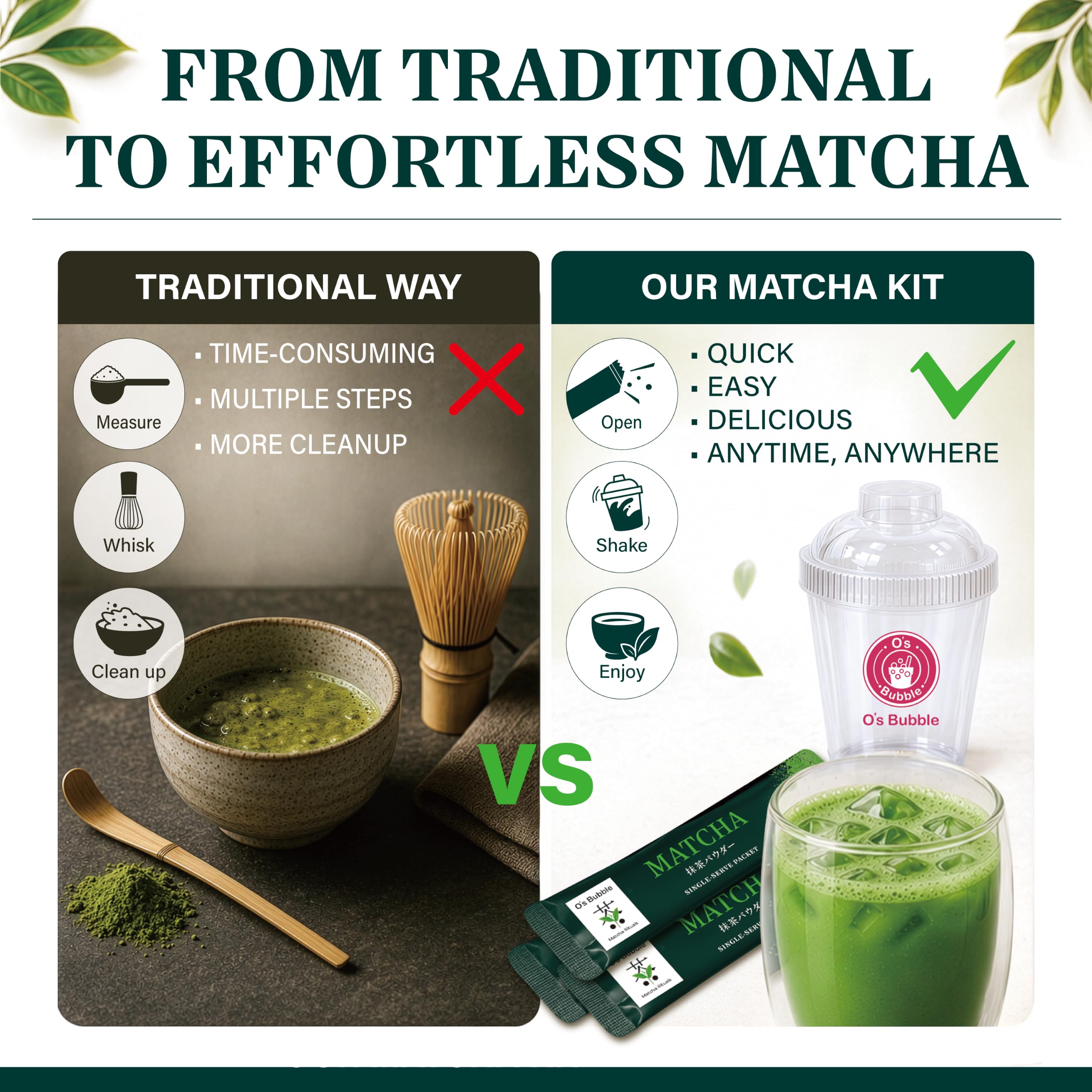 O's Bubble matcha in mug steaming to show rich aroma and warm flavor