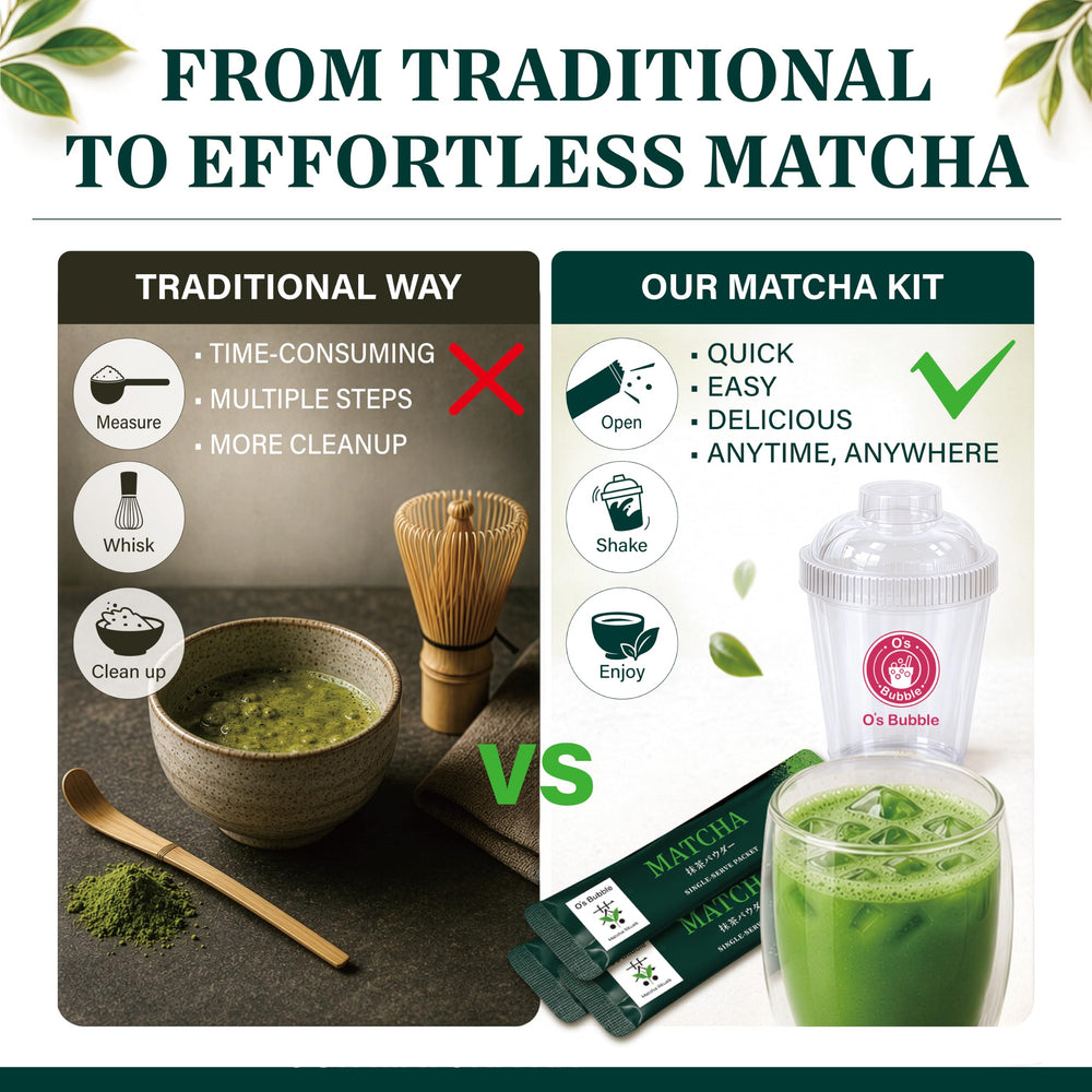 O's Bubble matcha in mug steaming to show rich aroma and warm flavor