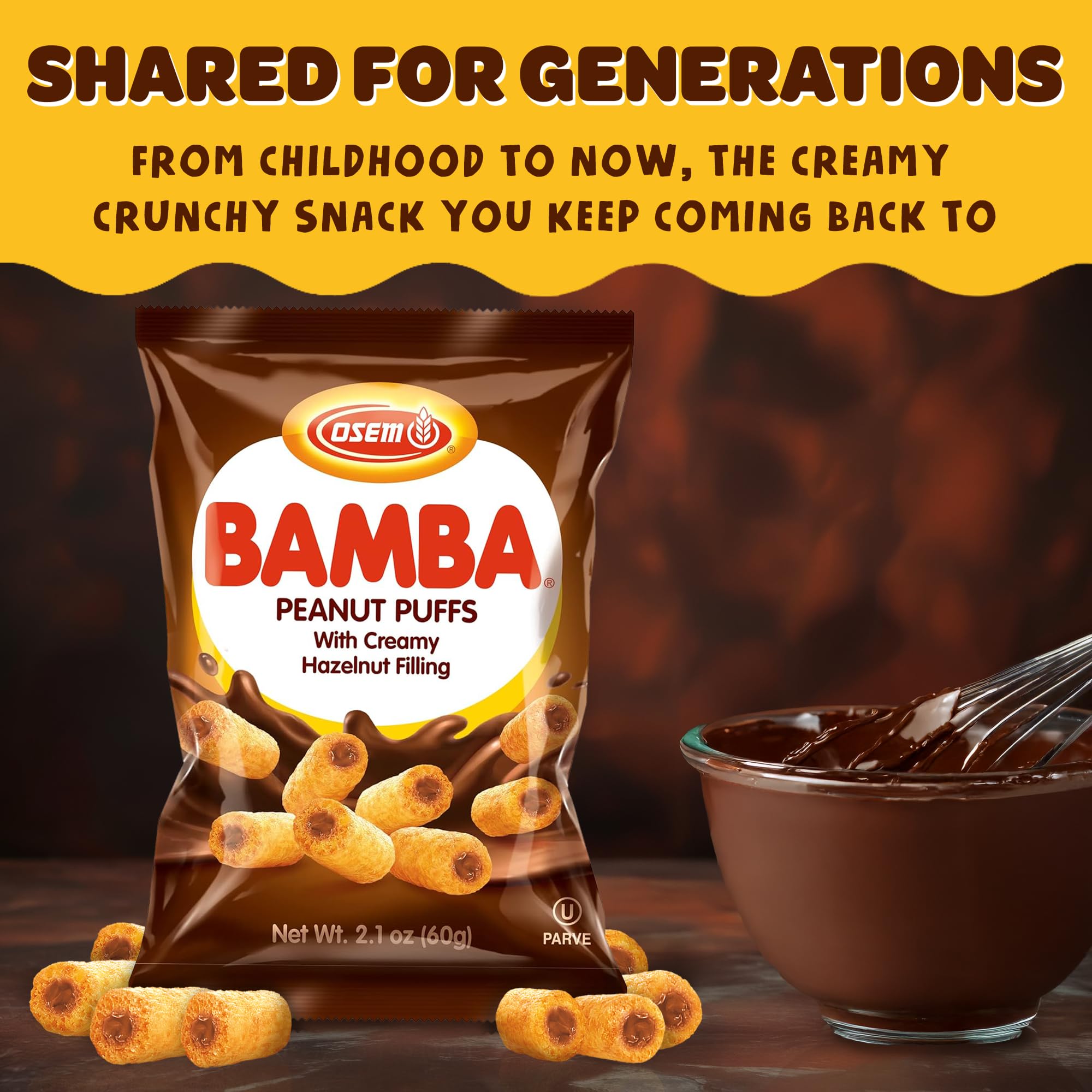 Osem Bamba open bag with peanut hazelnut puffs for easy serving