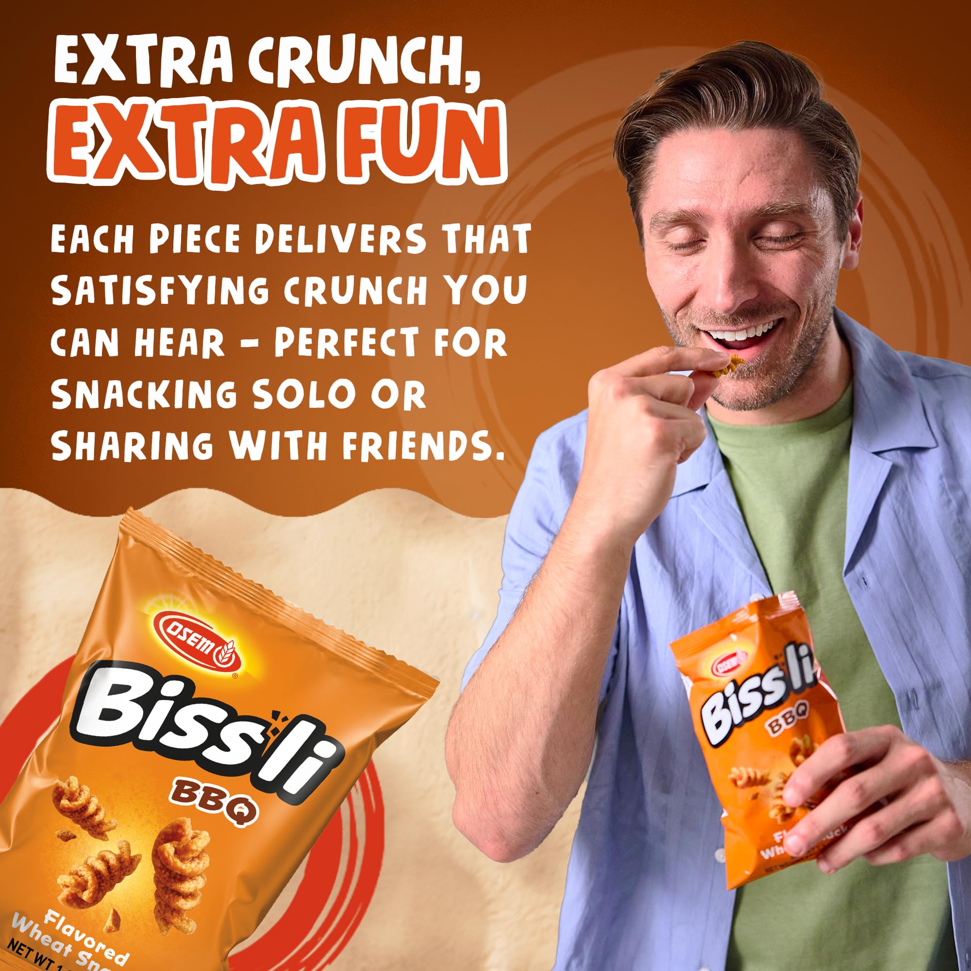 Osem Bissli bag beside a hand showing 1.23 oz scale for portion control