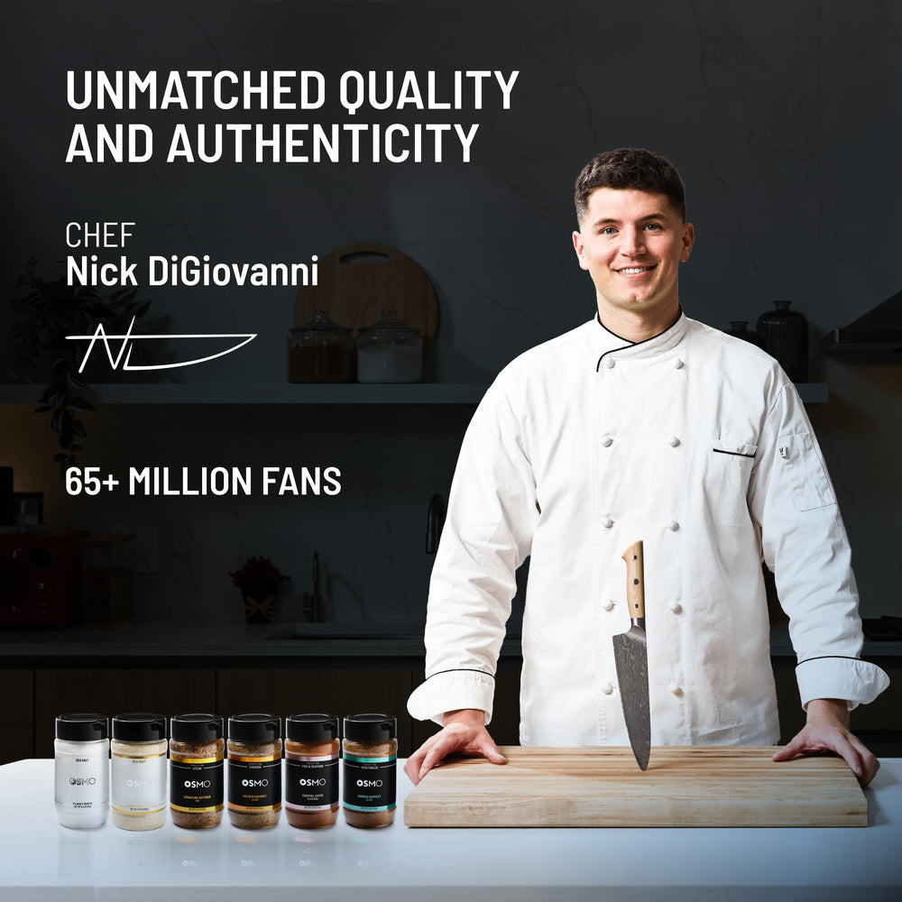 Osmo jar labels close-up with readable names and Chef Nick DiGiovanni branding for selection clarity