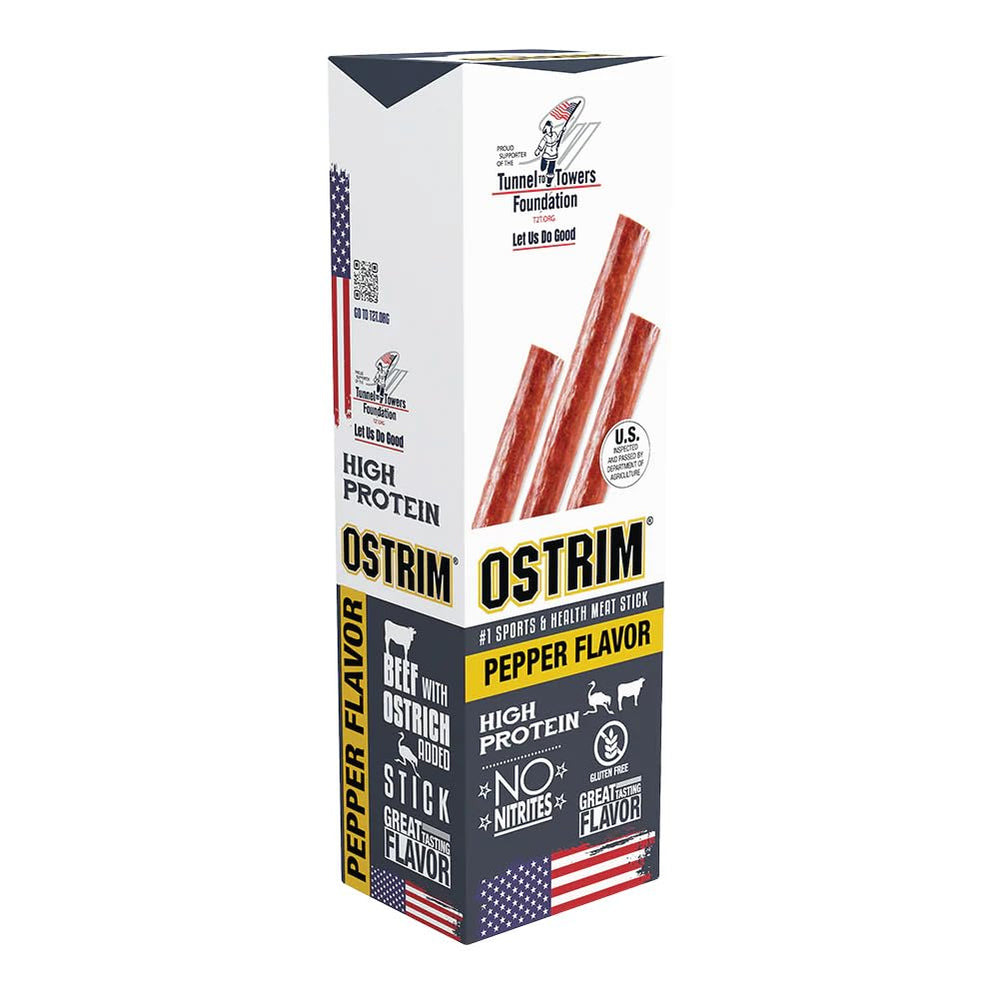 Ostrim front packaging showing pepper flavor and 10-pack convenience