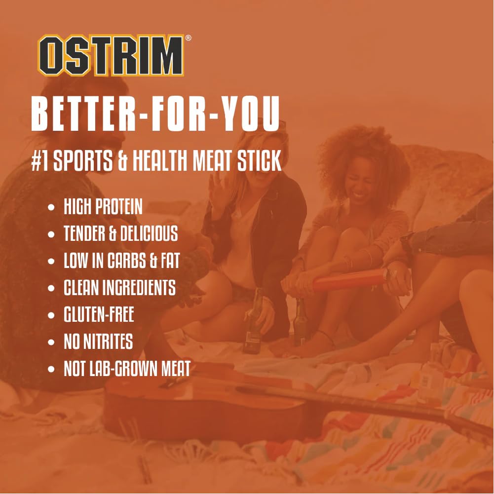 Ostrim nutrition label and features showing high protein and clean ingredients