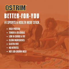 Ostrim nutrition label and features showing high protein and clean ingredients
