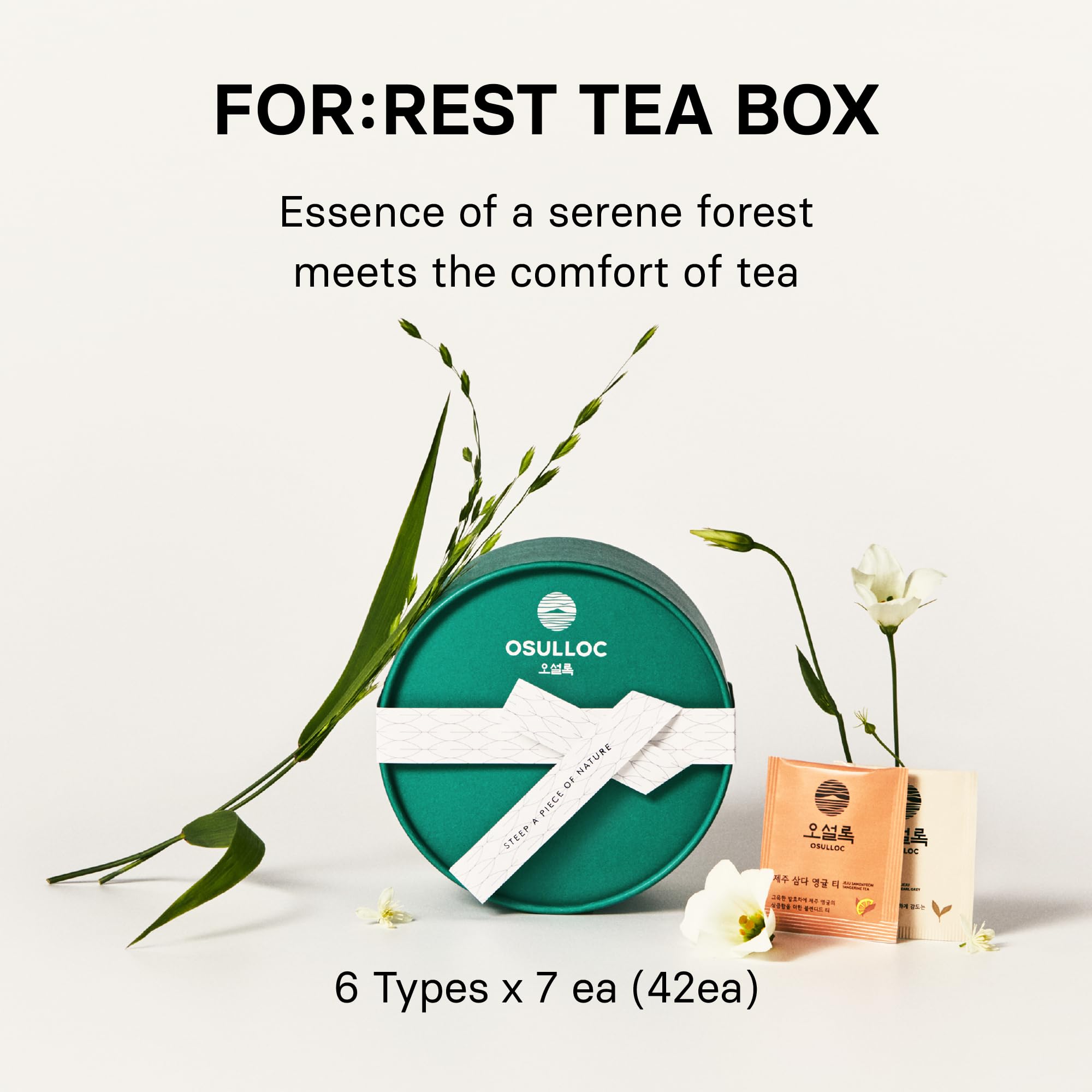 Osulloc tea bag closeup showing blend texture and convenient single-serve brewing benefit