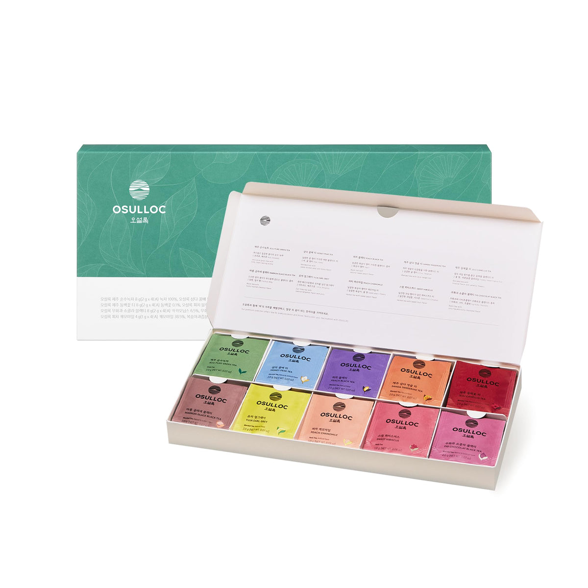 Osulloc front box display showing elegant gift packaging and variety benefits