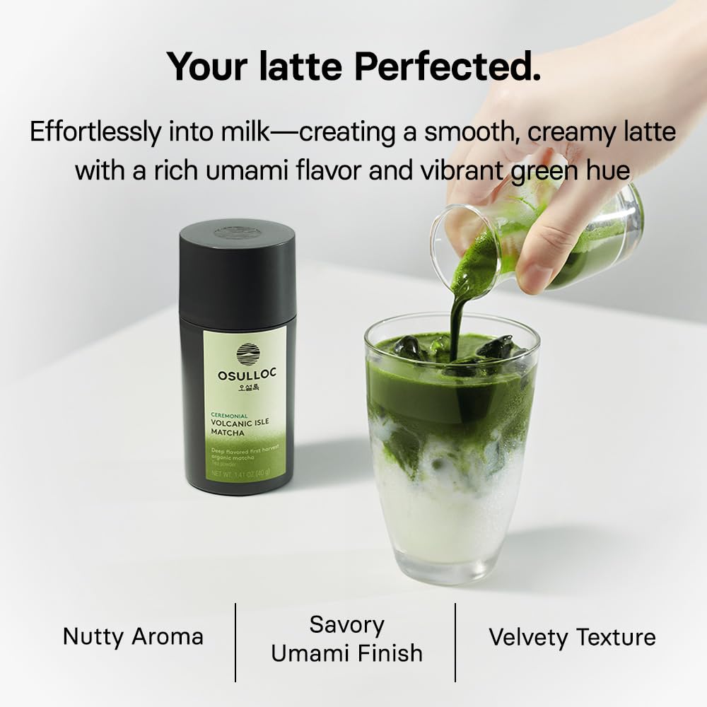 Osulloc matcha latte in cup with creamy foam showing blendability and velvety mouthfeel