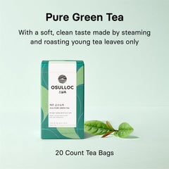 OSULLOC loose leaf detail highlighting young Jeju leaves and freshness benefit