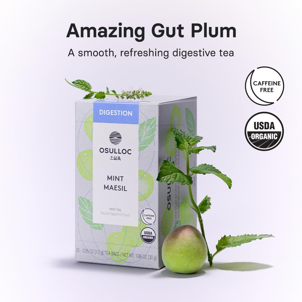 Osulloc tea bag close-up displaying blend texture and freshness benefit