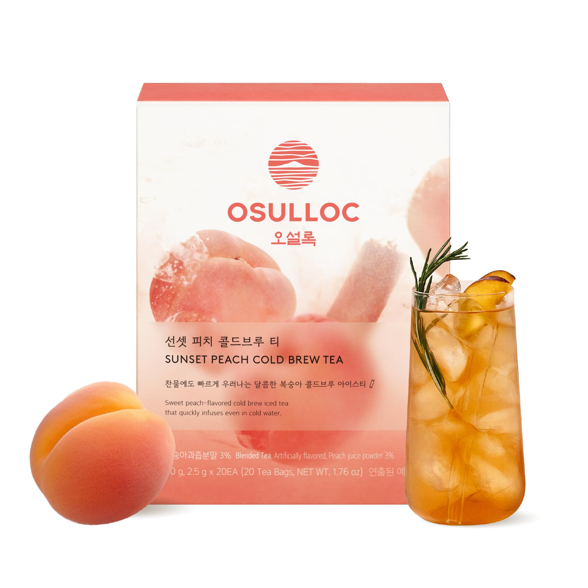 OSULLOC front packaging showing Sunset Peach tea for quick recognition and convenience
