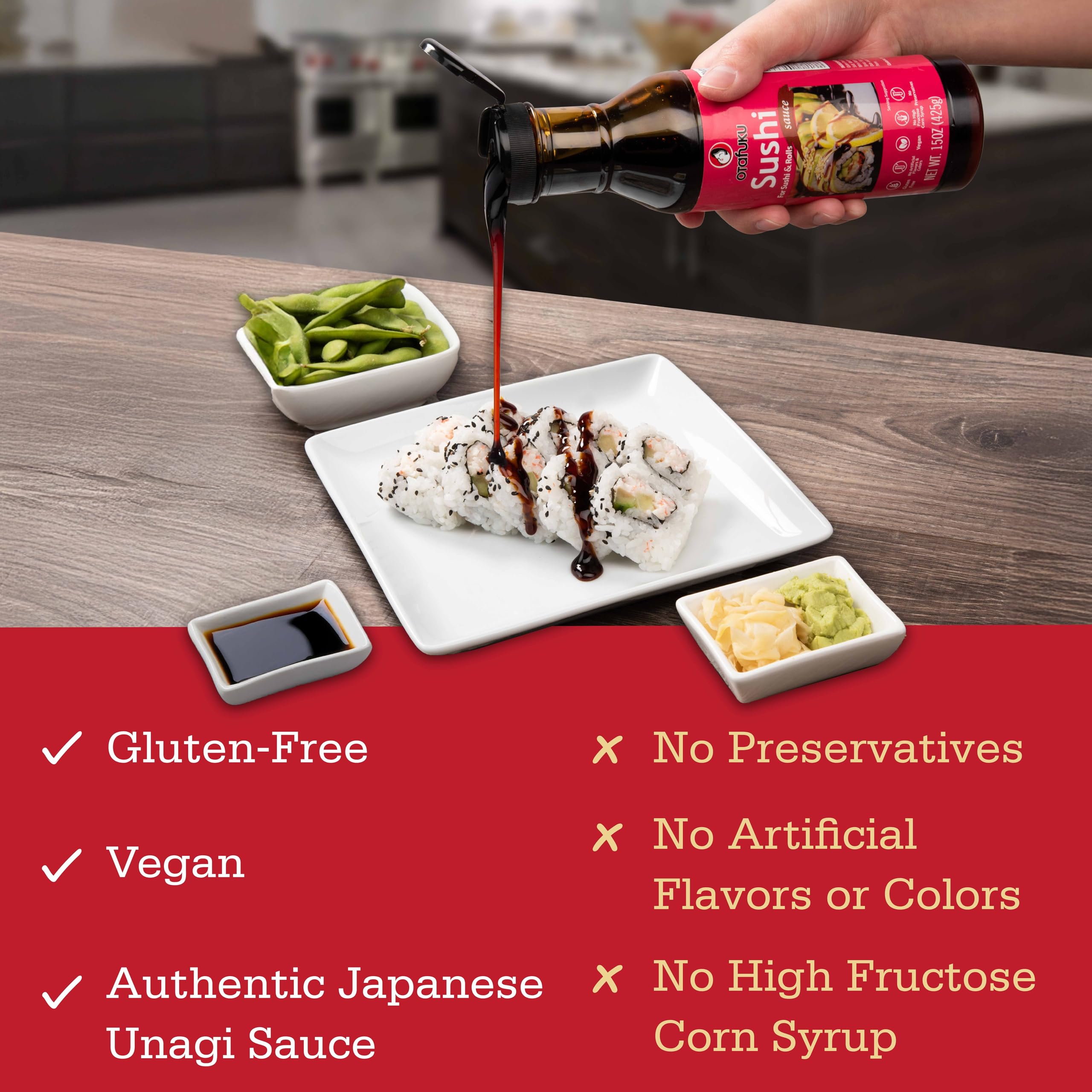 15 oz Otafuku bottle next to a measuring cup for portion clarity