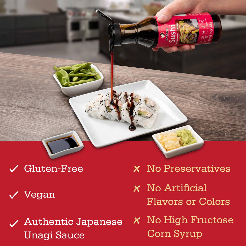 15 oz Otafuku bottle next to a measuring cup for portion clarity