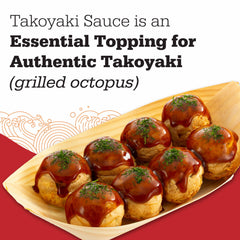 Otafuku pouring sauce over takoyaki to add sweet-savory finish