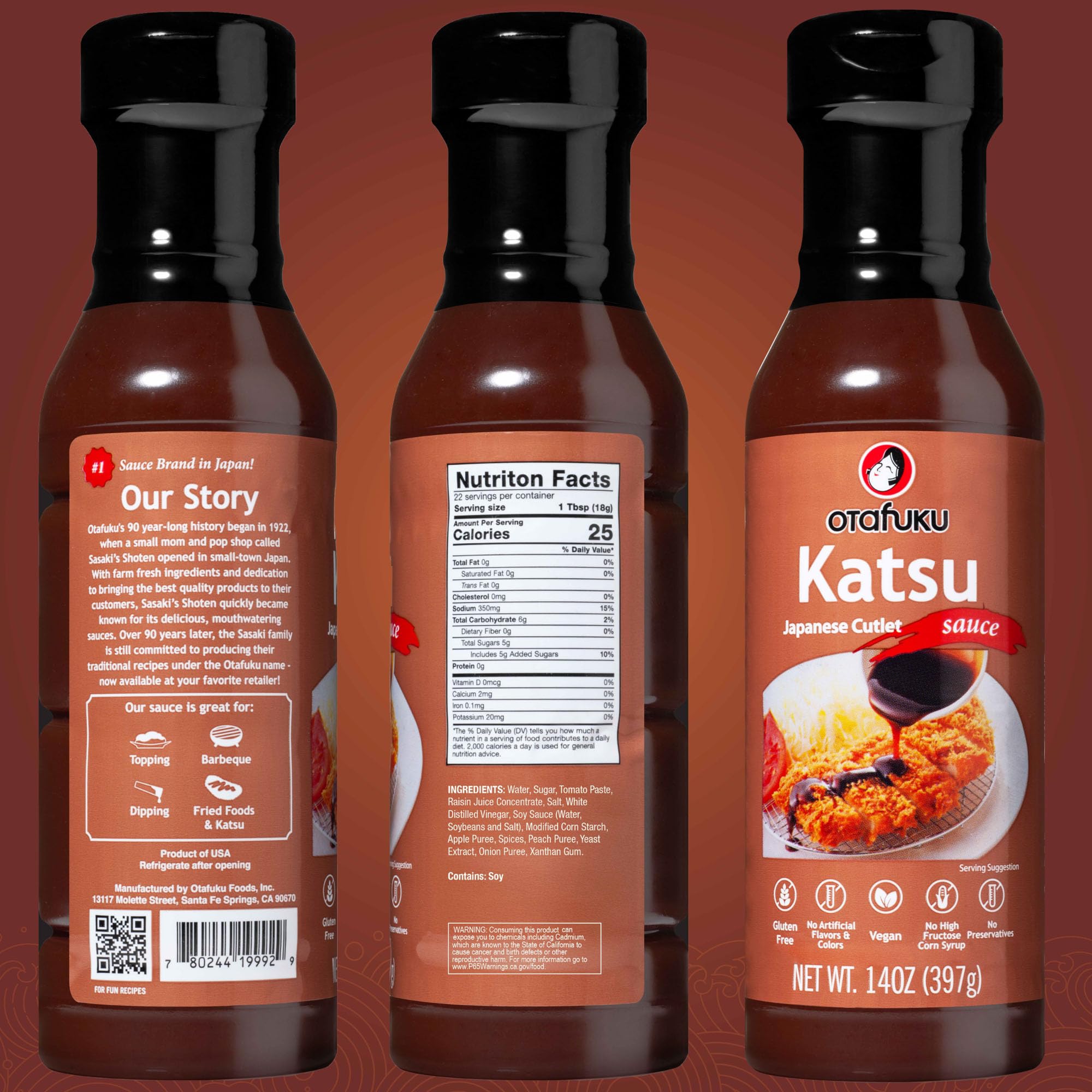 Otafuku bottle held in hand for scale showing convenient 14 ounce size benefit