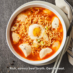 OTOKI Jin Ramen Mild open cup top view showing broth and noodles, quick meal benefit