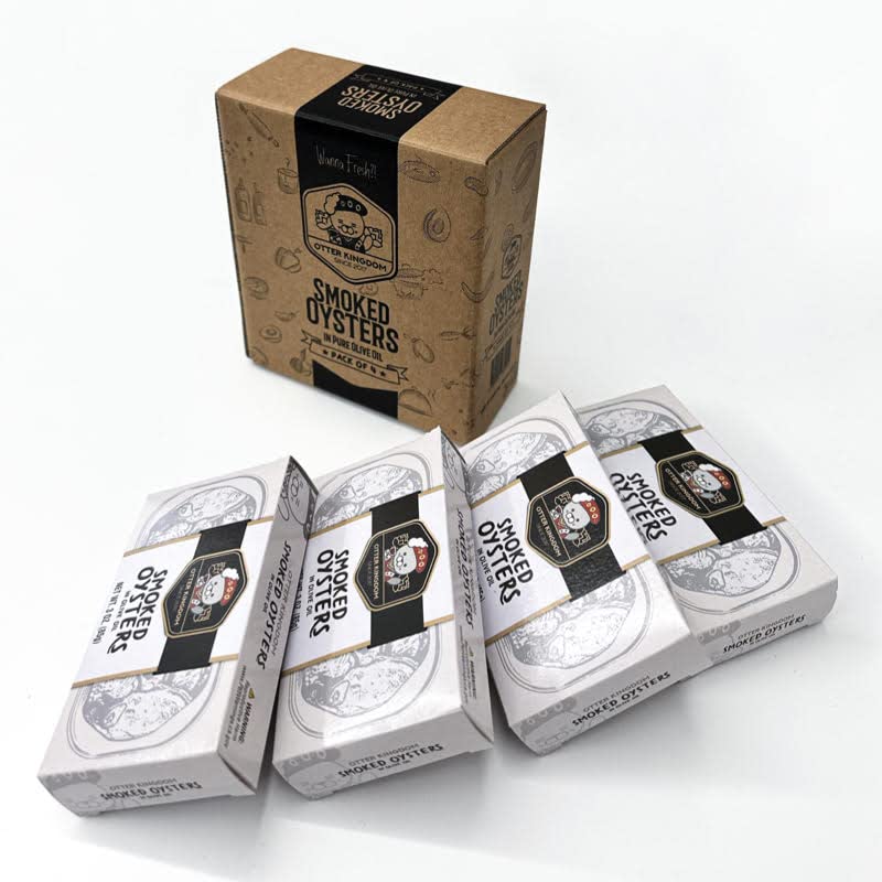 Otter Kingdom front packaging showing smoked oysters in pure olive oil, convenient portable gourmet