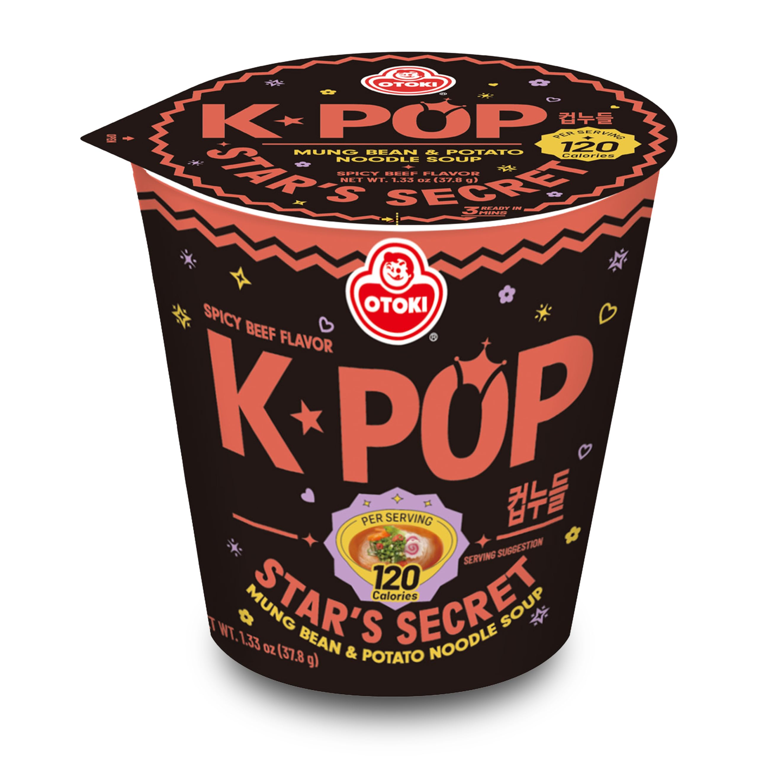 Ottogi front packaging showing spicy beef cups and calorie label benefit