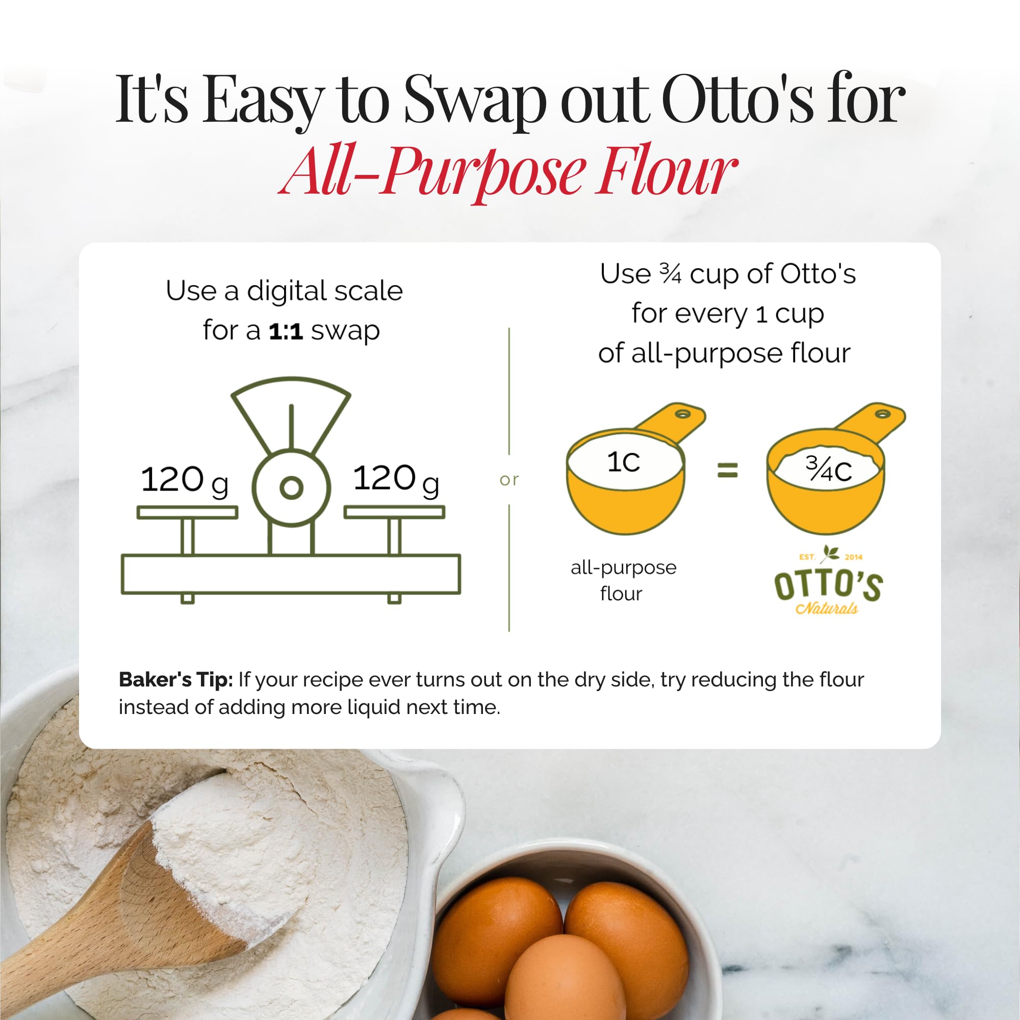 Measuring scale with Otto's Naturals flour illustrating accurate substitution