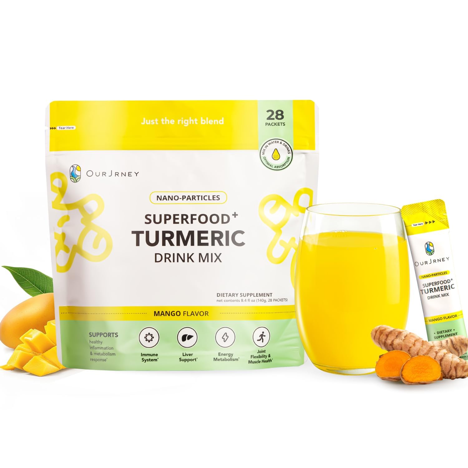 OurJrney front packaging showing 28 mango turmeric packets and benefits