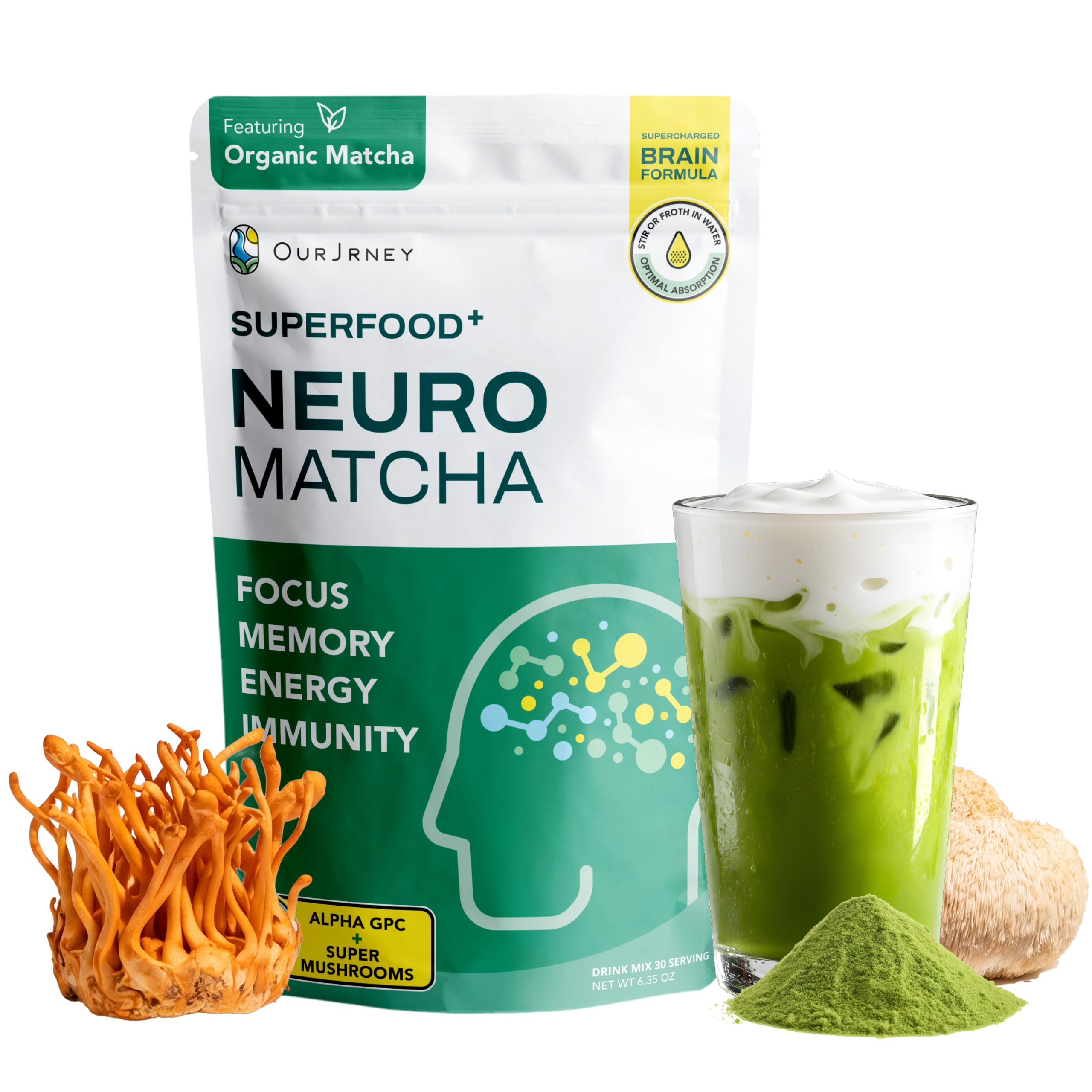 OurJrney NeuroMatcha jar front view showing sleek label and servings benefit
