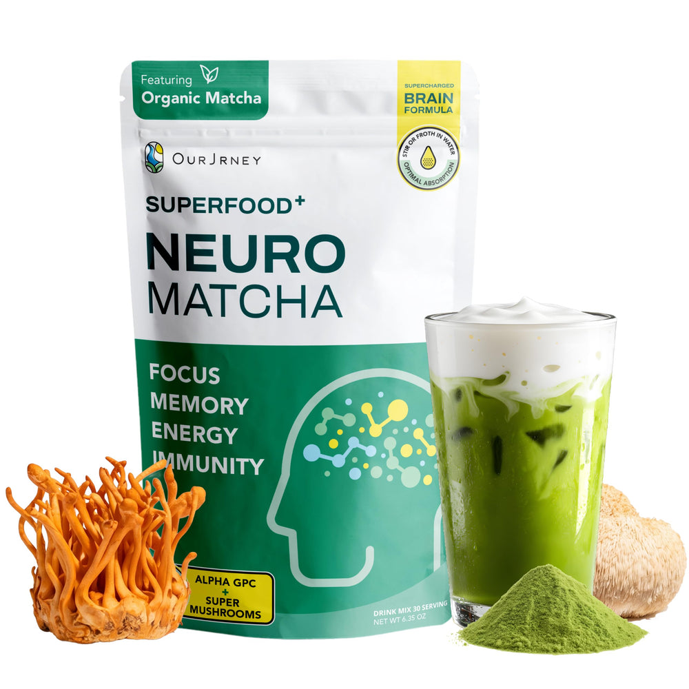 OurJrney NeuroMatcha jar front view showing sleek label and servings benefit