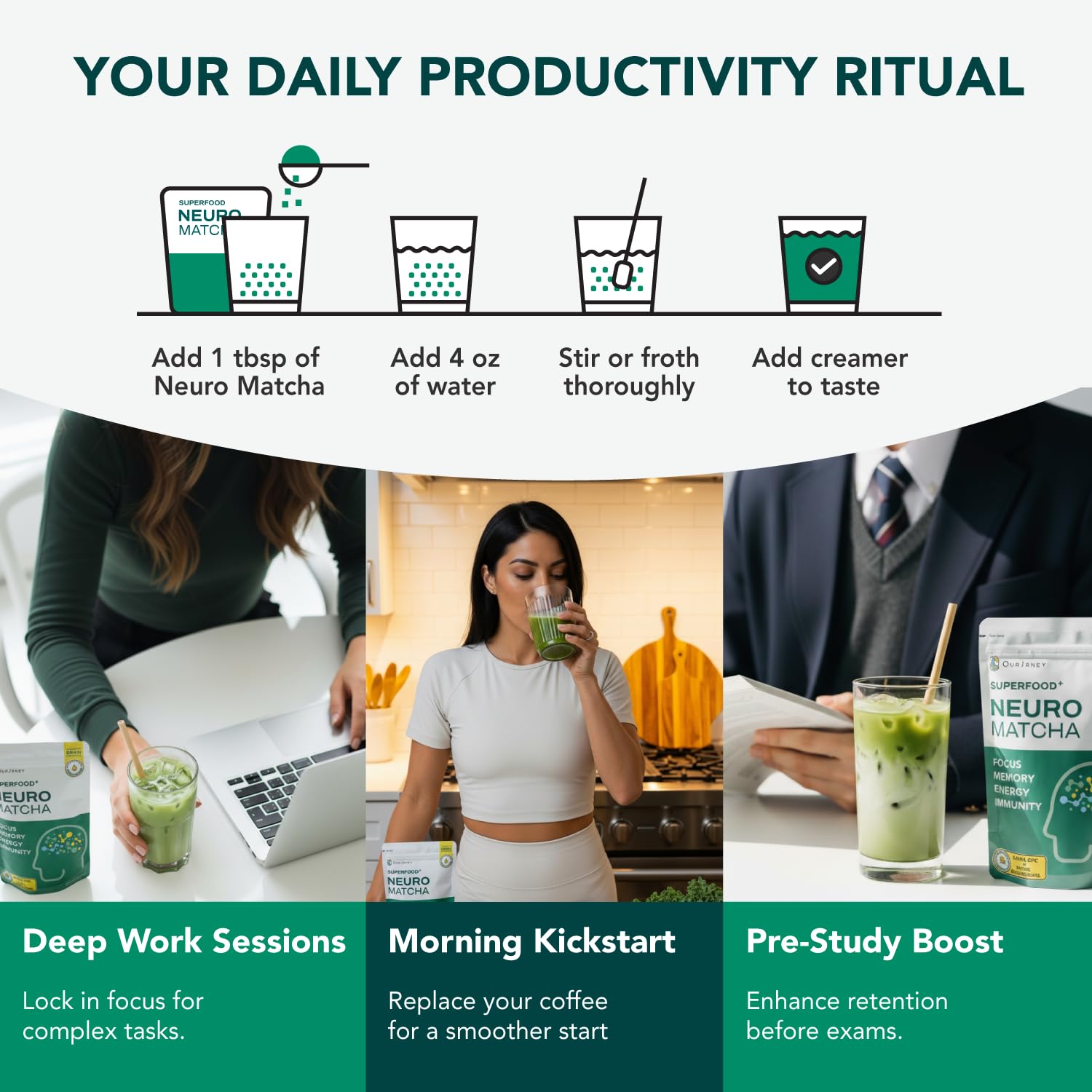OurJrney NeuroMatcha in office setting showing focused productivity boost