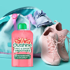 Outshine Smoothie pouch close-up showing strawberry coconut texture and convenience