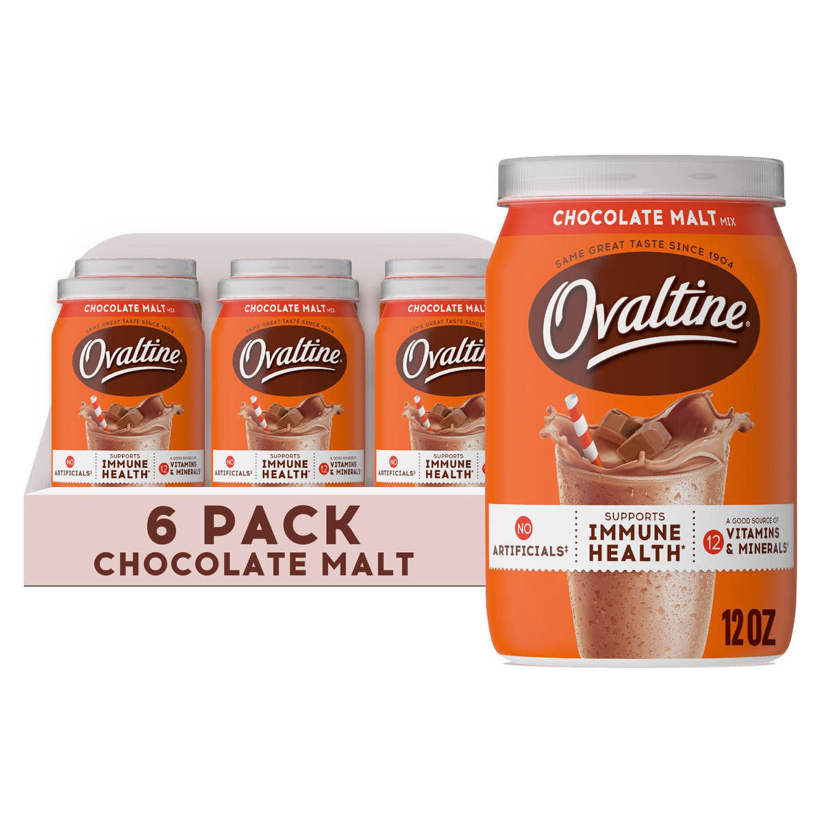 Ovaltine 12 oz canister front view showing label and packaging benefit convenience
