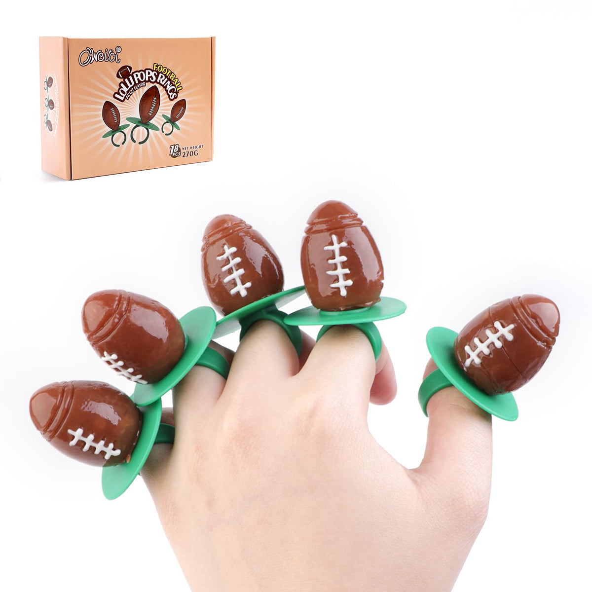 Oweiroi front packaging showing 18-count football ring lollipops and party-ready look