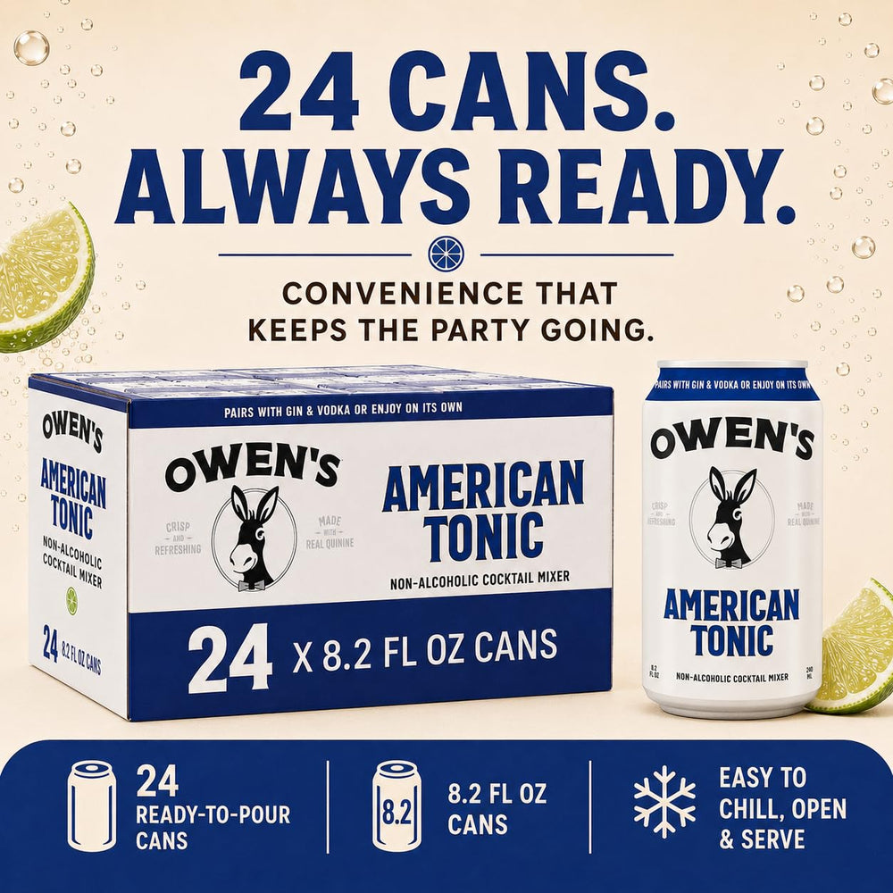 Owen's 24-pack stacked in fridge emphasizing party-ready stocking benefit