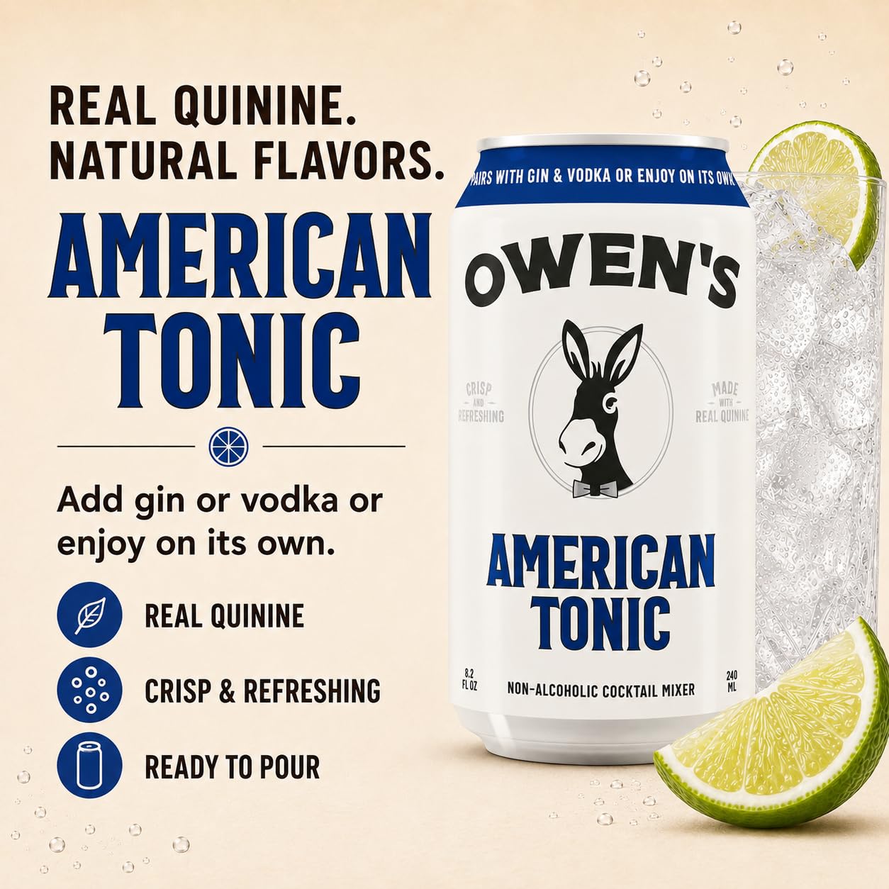Owen's can pouring over ice showing ready-to-serve convenience benefit