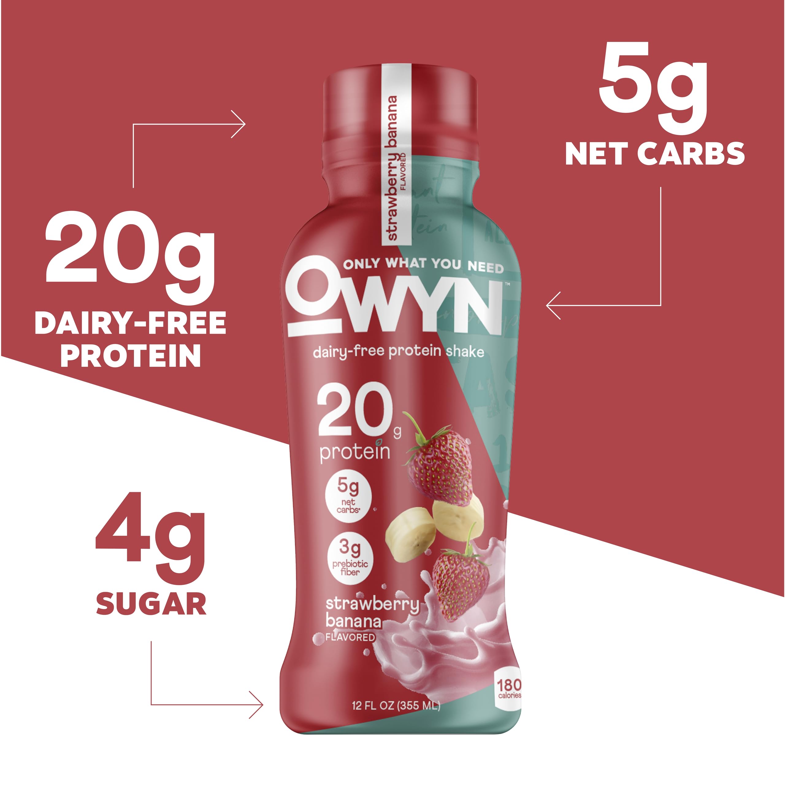 OWYN bottle closeup label revealing nutrition facts and certifications