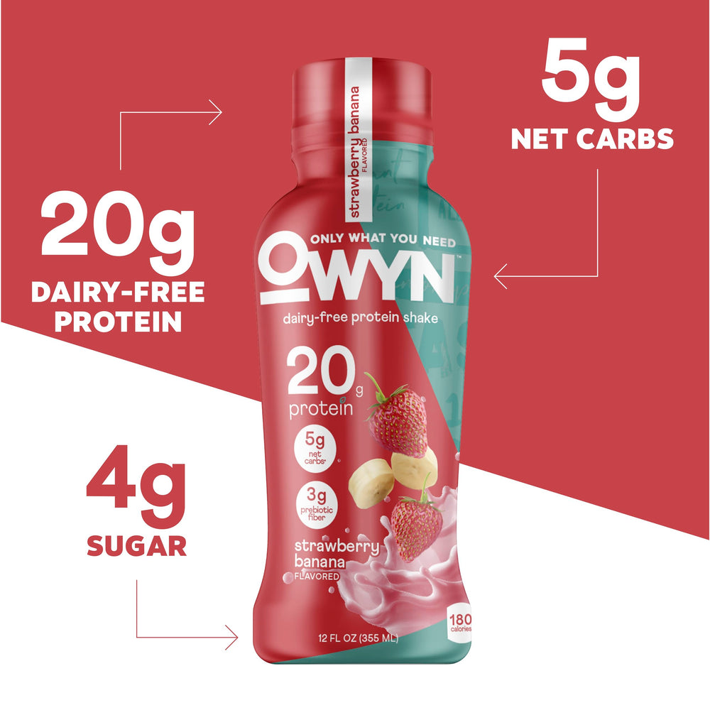 OWYN bottle closeup label revealing nutrition facts and certifications