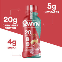 OWYN bottle closeup label revealing nutrition facts and certifications
