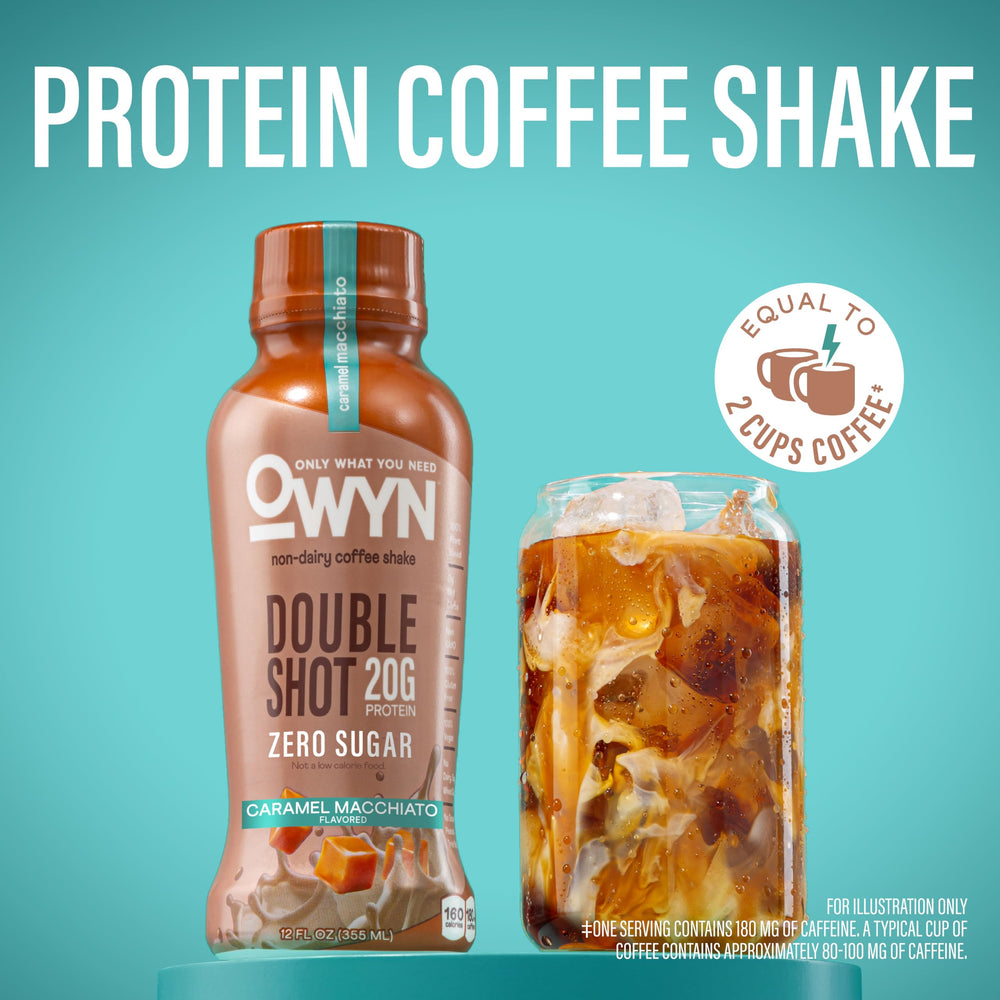 OWYN bottle beside coffee beans and protein scoop showing caffeine and protein amounts