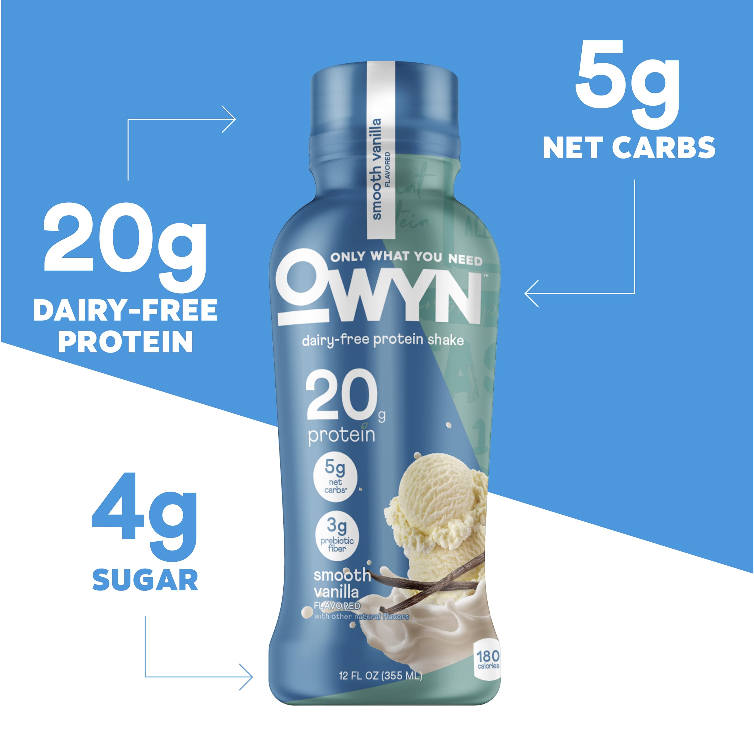OWYN close-up bottle label highlighting 20g protein and clean ingredients