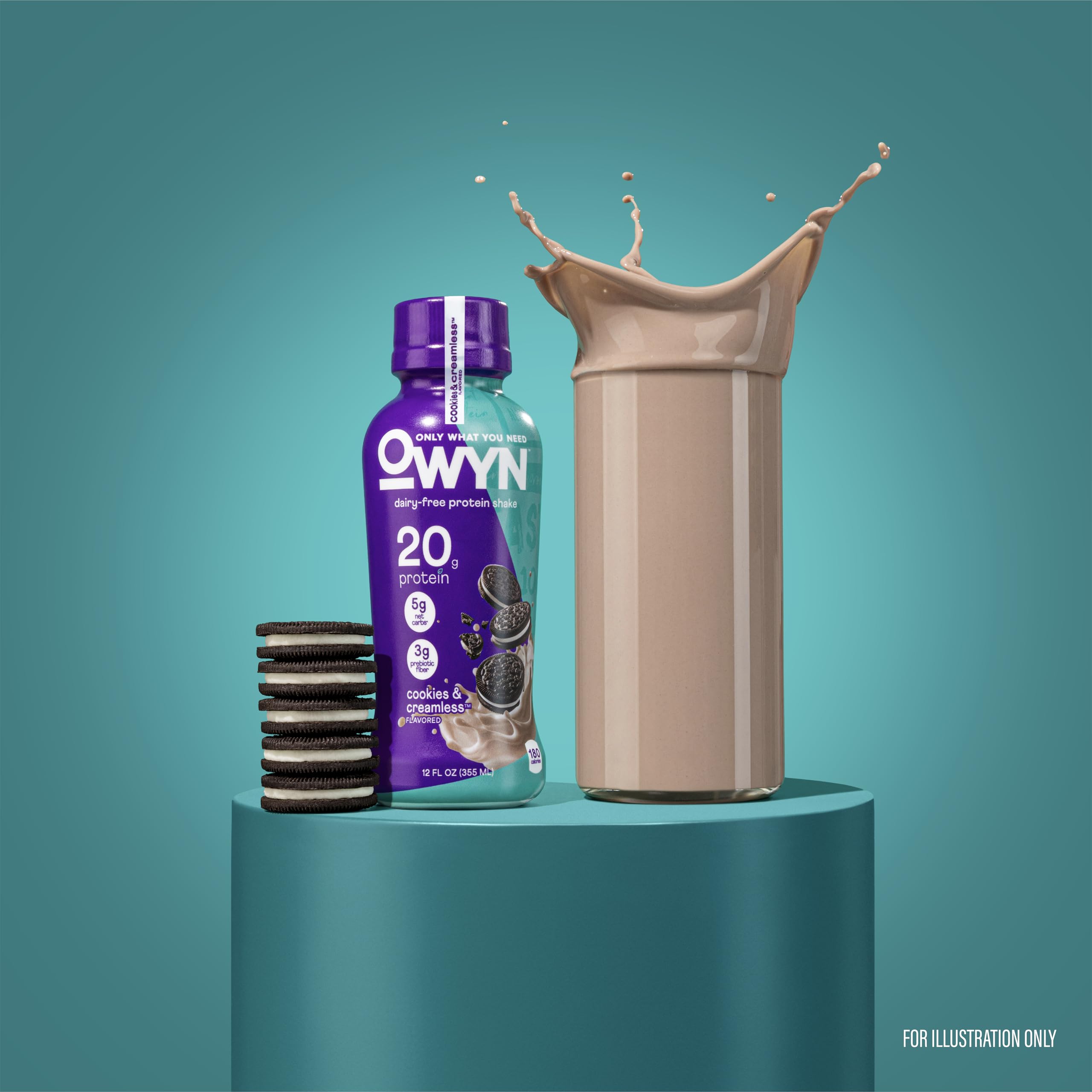 OWYN size comparison with hand demonstrating portable shelf-stable bottle