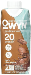 OWYN dark chocolate pour and serve over glass, demonstrates creamy texture and ready-to-drink benefit