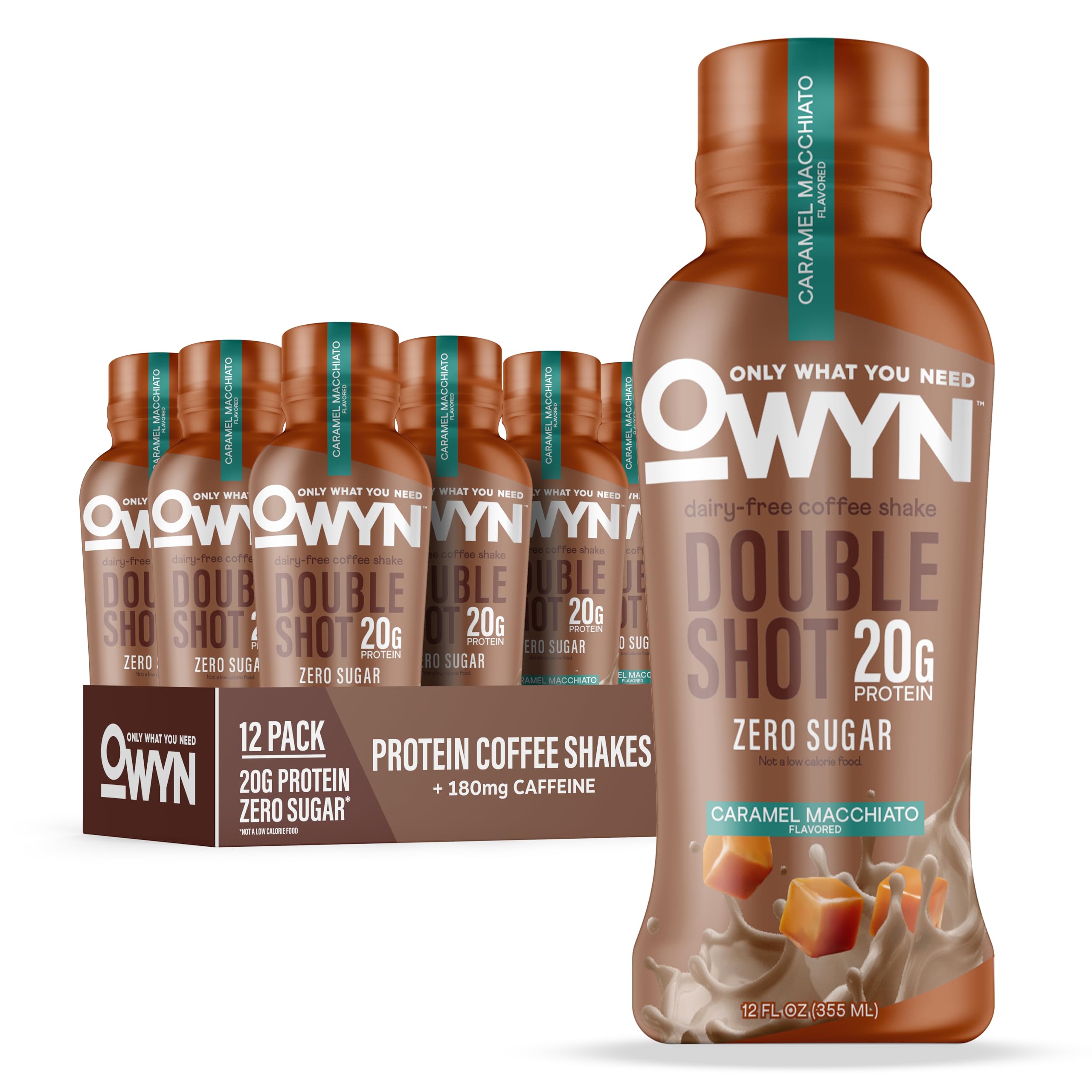 OWYN front packaging showing caramel macchiato bottle and convenient grab-and-go benefit