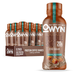 OWYN front packaging showing caramel macchiato bottle and convenient grab-and-go benefit