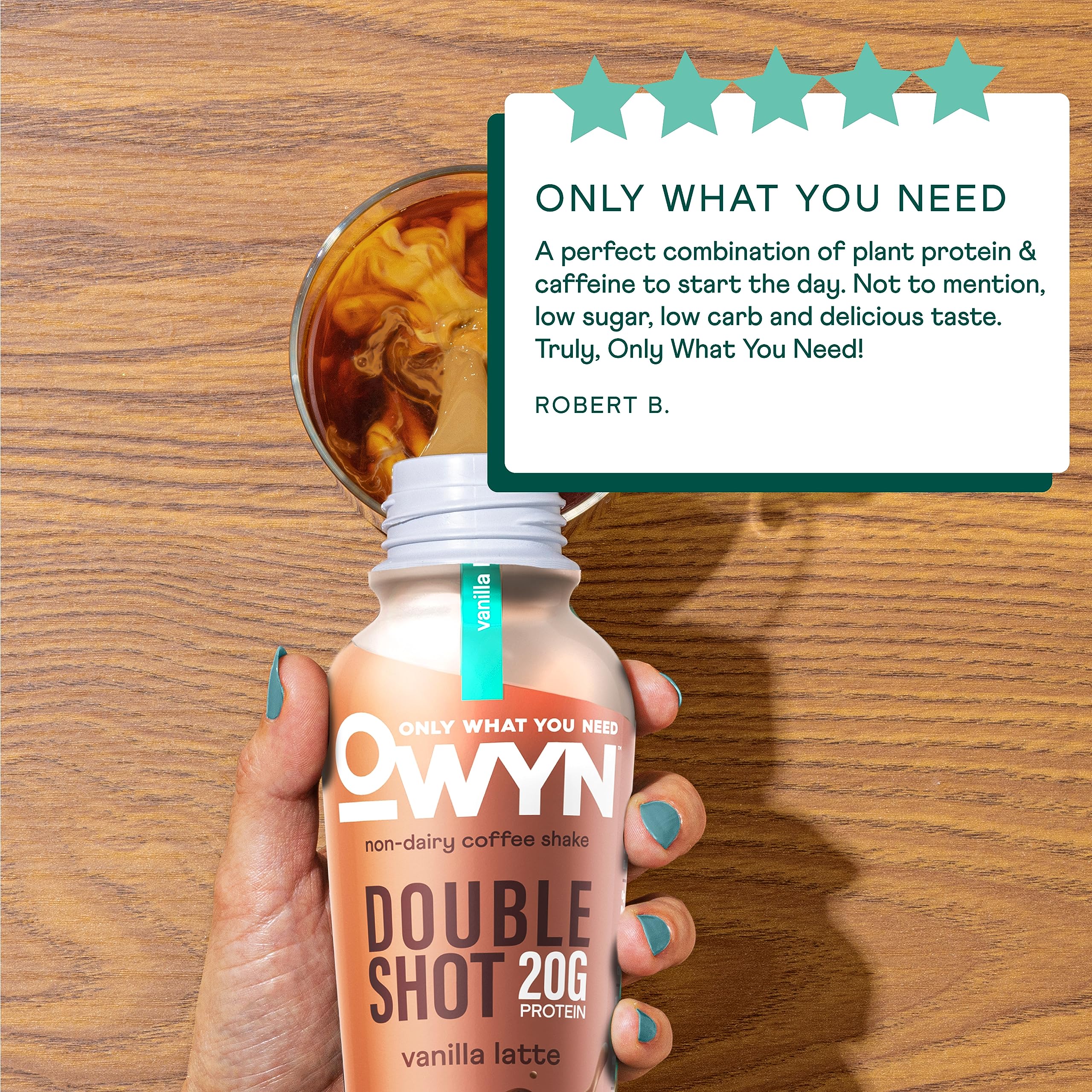 OWYN shake texture close-up highlighting creamy plant-based protein and smoothness
