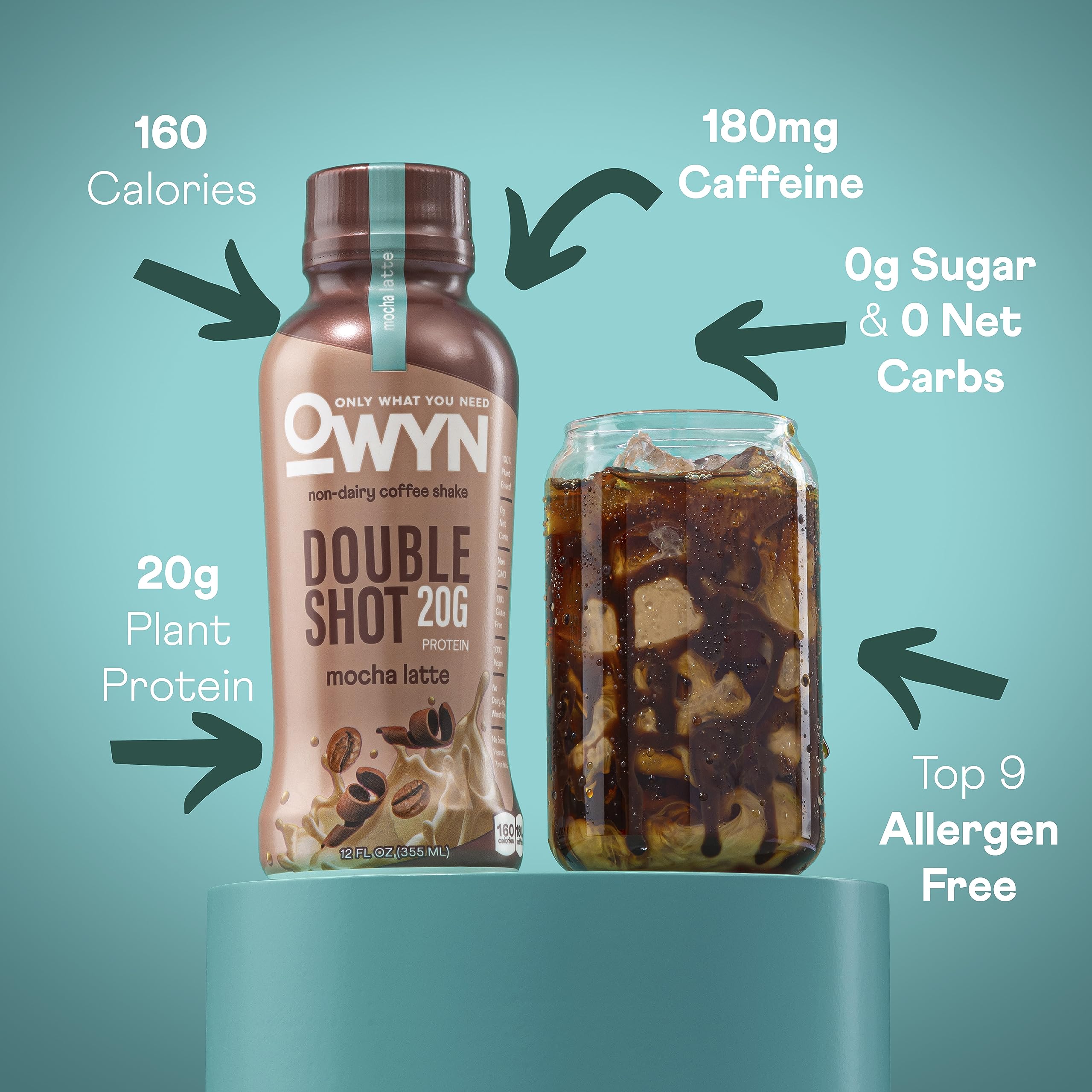 OWYN nutrition label close-up showing protein and caffeine amounts for transparency